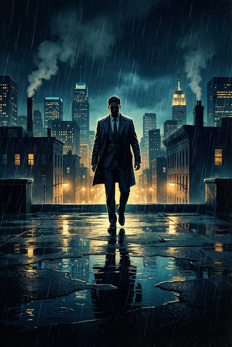 ADC视频在线 出品影片《雨夜独行者》海报，雨中城市屋顶男性剪影